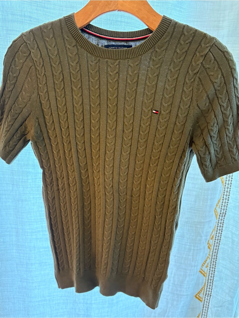 Tommy Hilfiger Olive Green Cable Knit Short Sleeve Top with Flag Trim
